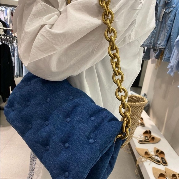 🆕 Dark Denim Handbag w Gold Chain Strap - Picture 2 of 8